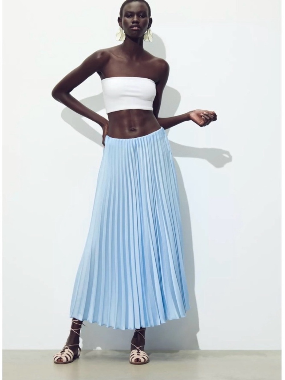 Zara Pleated Long Midi Skirt Pastel Blue
